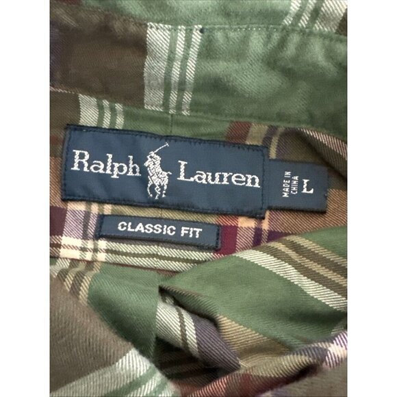 Ralph Lauren Classic Fit Men L Button Down Brushed Cotton Shirt Green Plaid EUC - Picture 9 of 15